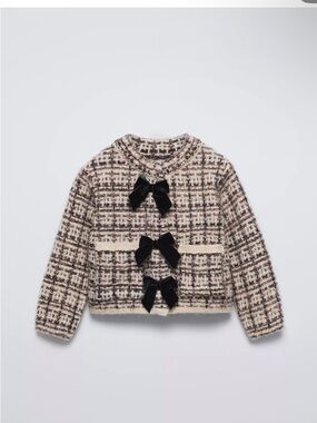 Zara Cream Plaid Tweed Jacket with Black Velvet Bows
